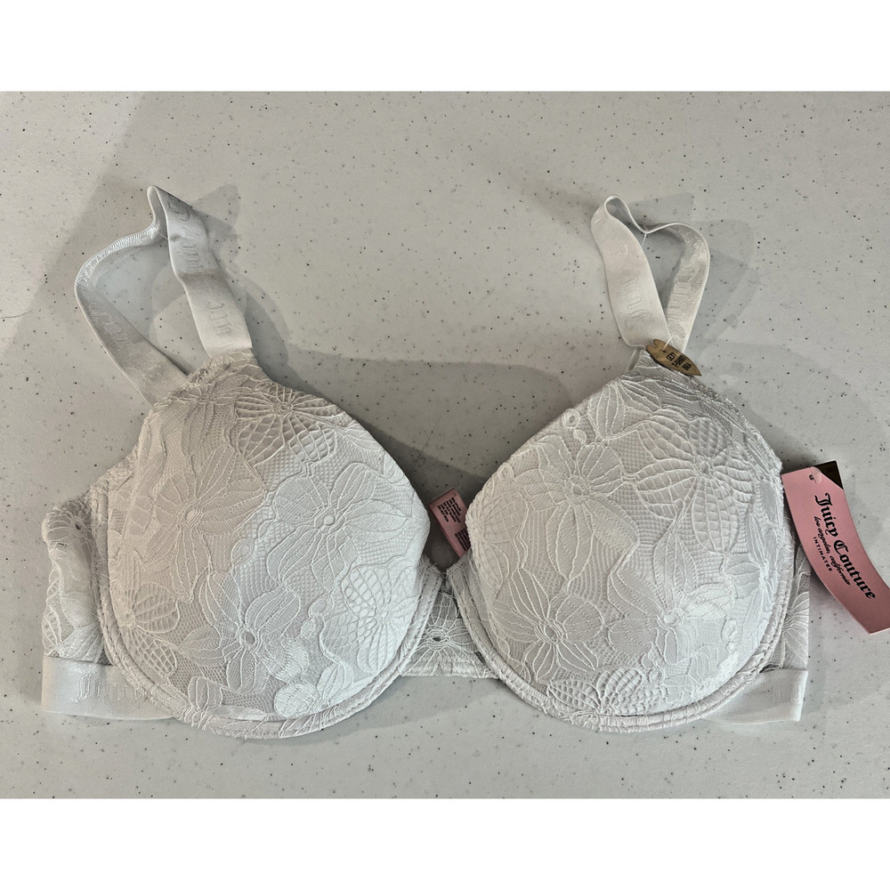 Juicy Couture 38DD white Lace Push Up Bra t shirt padded sexy plunge NWT